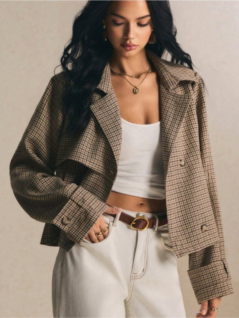 Modern Houndstooth Cropped Jacket | Structured Tailored Fall Layering Coat